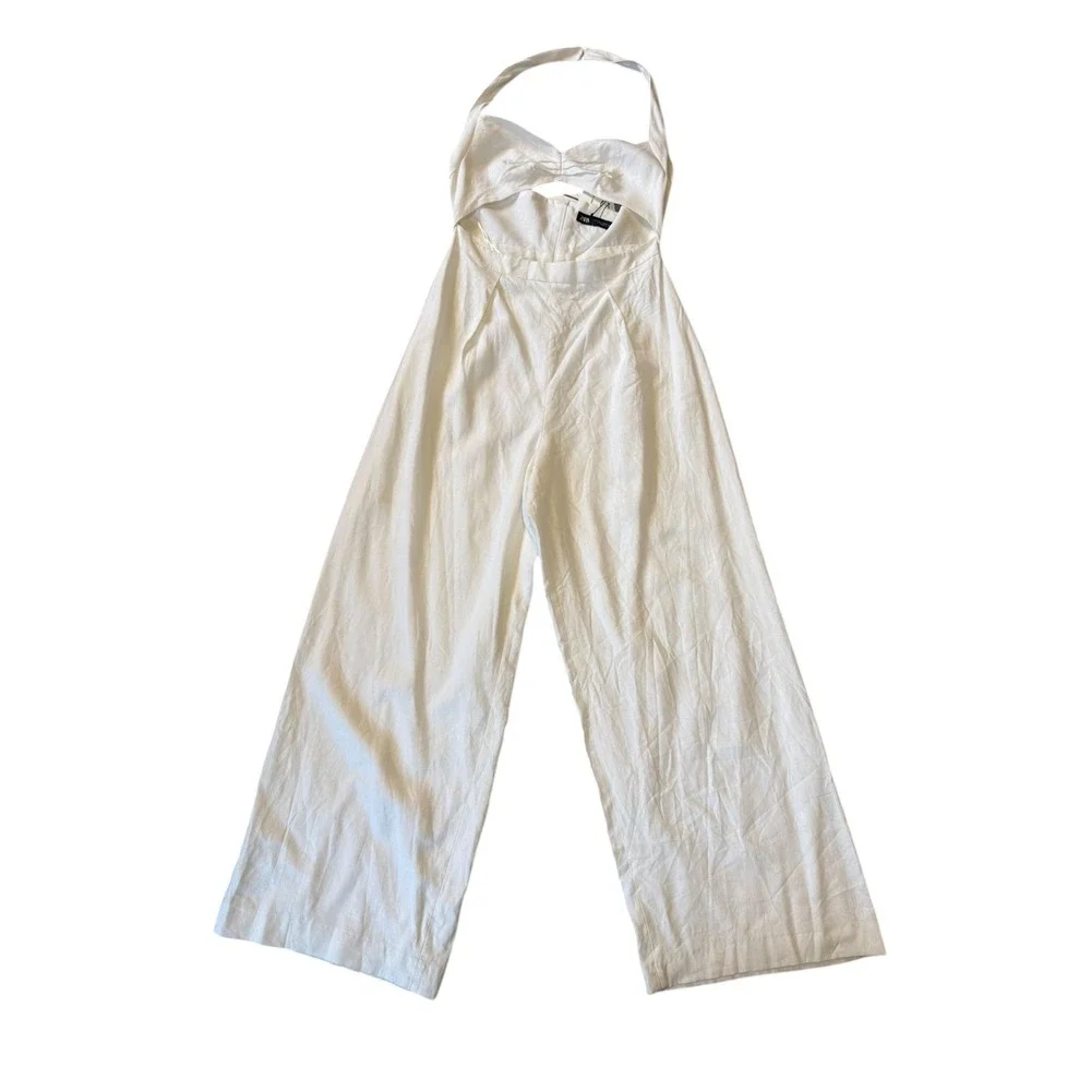 Zara‎ White Linen Blend Halter Cutout Wide Leg Jumpsuit 3607/709/250 Large